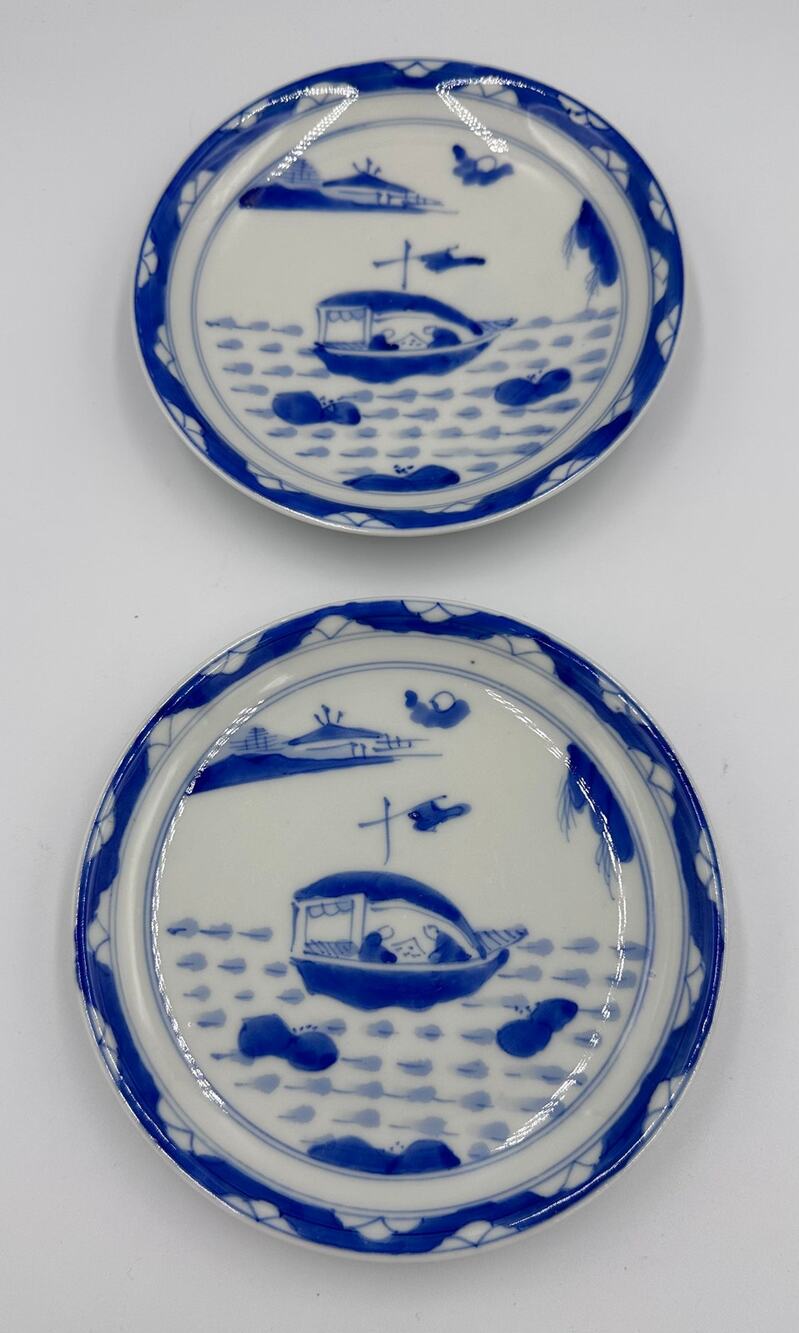 Antique Japanese Imari Arita Ware Porcelain Blue & White Plate Set
